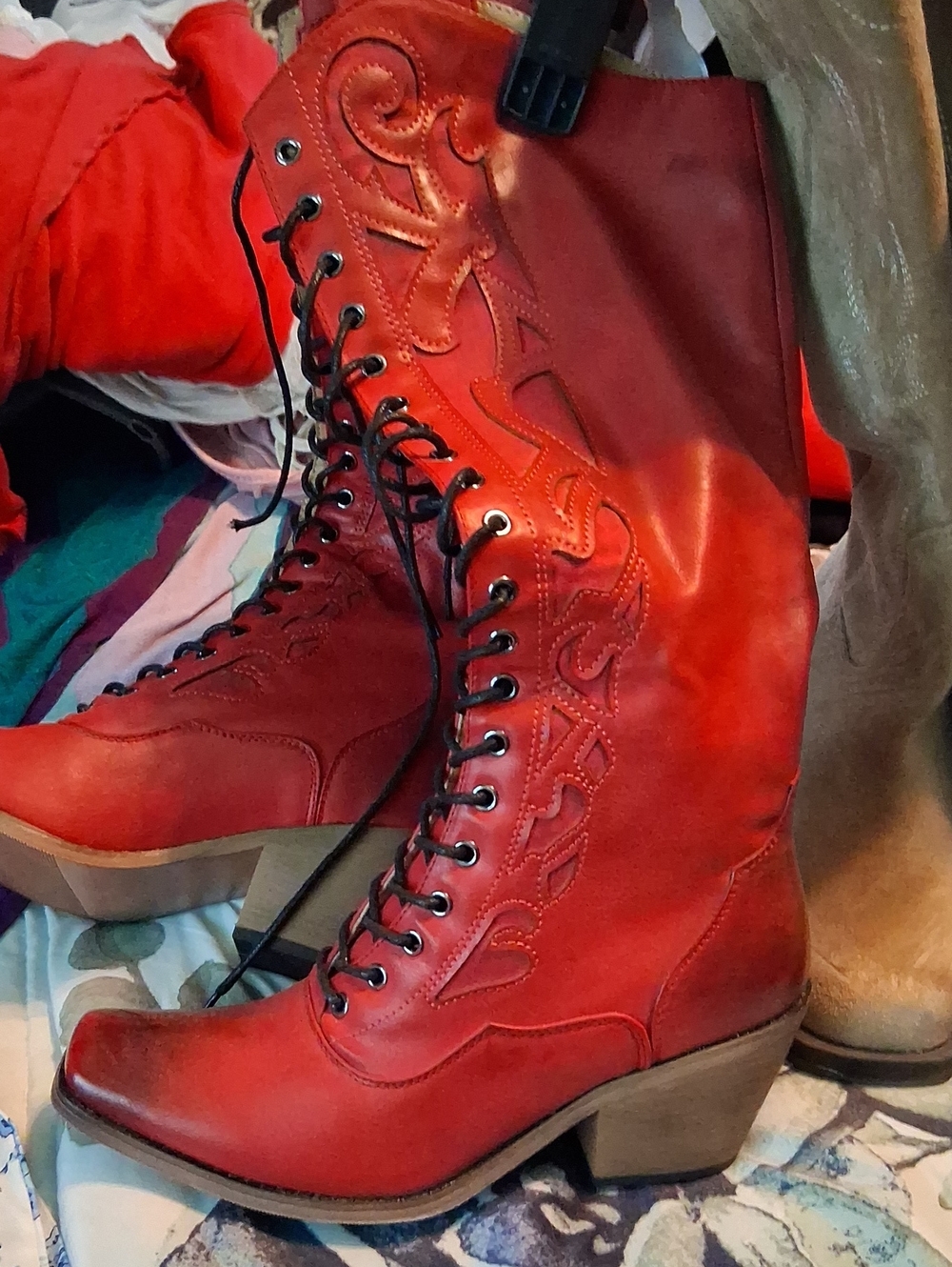 Women’s Red Lace-Up Western Boots - Picture 1 of 4
